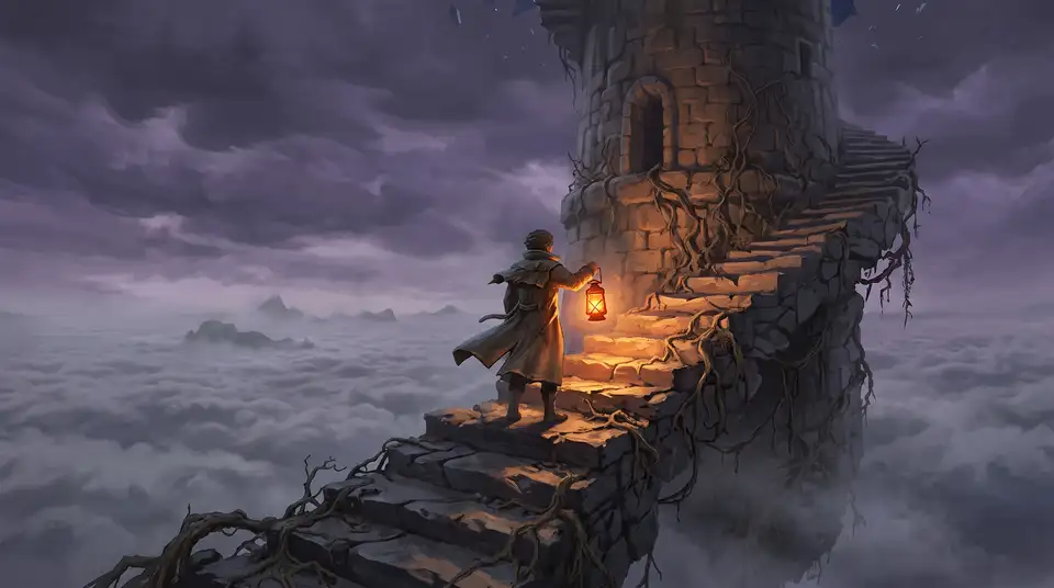 A broken stair around a floating tower